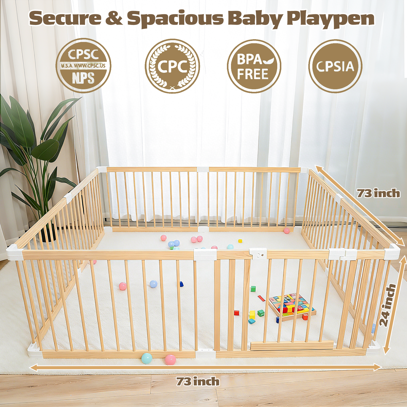 Extra Large Wooden Baby Playpen,Play Pen for Babies and Toddlers Kids Indoor,Security Playard Area Indoor,Easy to Assemble, Non-Collapsible (73x73x24 Inch) - Image 2