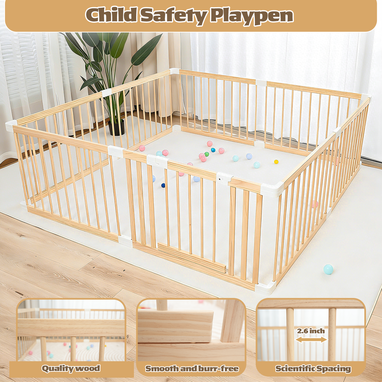 Extra Large Wooden Baby Playpen,Play Pen for Babies and Toddlers Kids Indoor,Security Playard Area Indoor,Easy to Assemble, Non-Collapsible (73x73x24 Inch) - Image 3