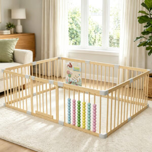 Wooden Baby Playpen,Adjustable Wooden Babies Play Pen,Portable Fence for Babies,Baby Playard Area Indoor,Easy to Assemble and Clean Toys Fence, Non-Collapsible(78x53x24 Inch)